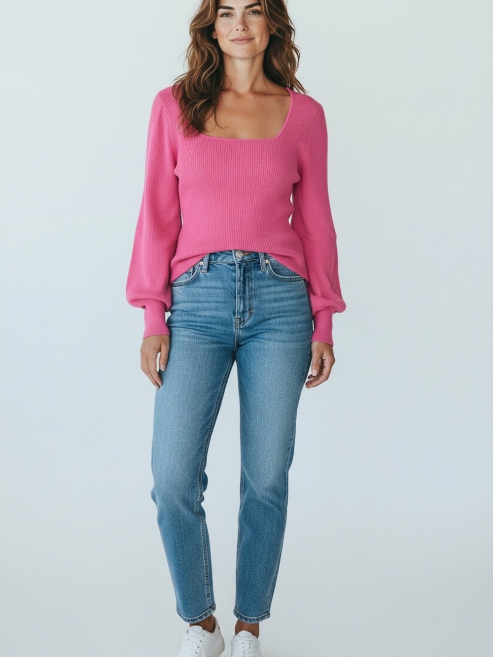 NWT Bar III Bright Pink Square Neck Ribbed Sweater Pullover Sz M